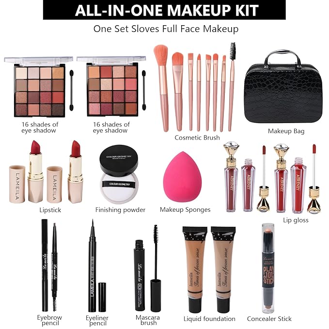 Makeup Kit for Teen Girls, All-in-One Kit with 2X16 Colors Eyeshadow, Liquid Foundation, Eyeliner Pencils, Contouring Stick, Lip Gloss, Eyebrow Pencils & 8 Makeup Brushes (Black)