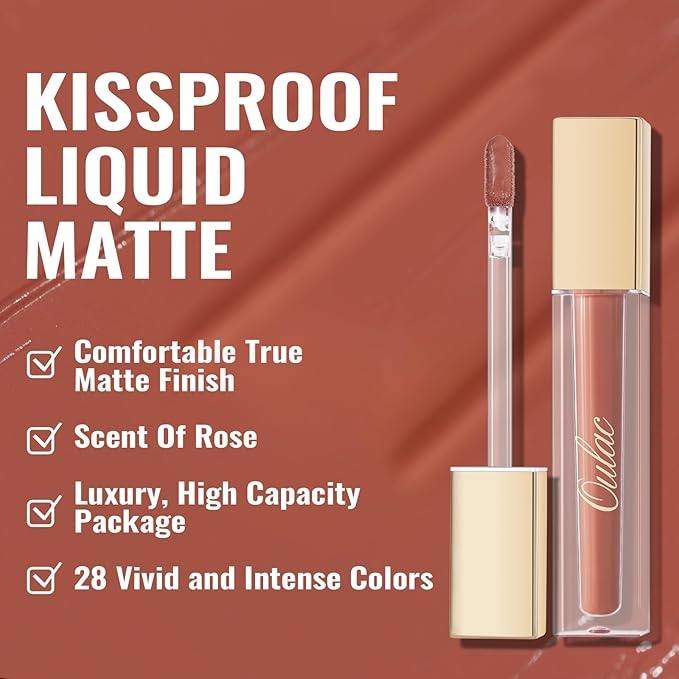 Oulac Matte Liquid Red Lipstick for Women, Orange-Brown Tones Red Lip Gloss Long Lasting, Highly Pigmern Lip Color with Vitamin E & Rose Oil, Waterproof, Vegan & Cruelty-Free M04