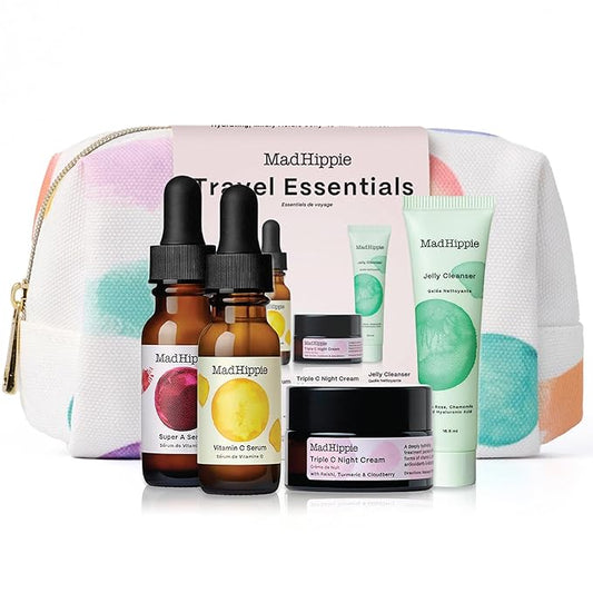 Mad Hippie Travel Essentials – Vitamin C Serum, Triple C Night Cream, Super A Serum + Jelly Cleanser in a 100% Recycled Toiletries Bag, Cruelty-Free