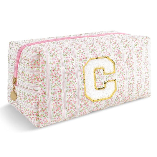 Personalized Quilted Cosmetic Bag, Puffy Monogrammed Christmas Birthday Gifts for Women & Girls, Cute initial Floral Makeup Bag Puffer Coquette Bag, Aesthetic Travel Toiletry Zipper Pouch(Pink,C)