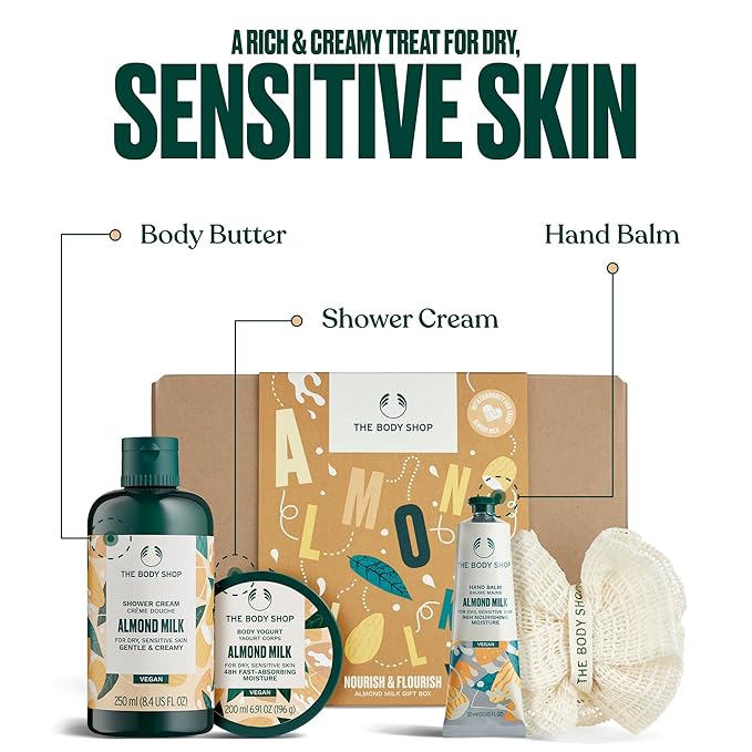 The Body Shop Nourish & Flourish Almond Milk Gift Box - 3 Piece Set, Shower Cream, Body Yogurt, Hand Balm, Vegan