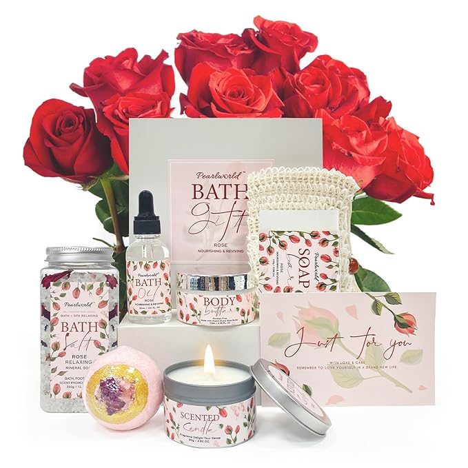 Rose Spa Gift Set for Women, Luxury 9 Pcs Bath Salts Set, Relaxation Gifts for Women, Self Care Set, Clean Moisturizing Skin, Gifts for Mom, Wife, Sister, Friend