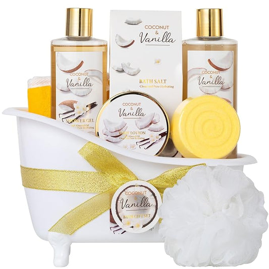 Christmas Gifts for Women and Men - 8-Piece Luxury Coconut Vanilla Bath & Body Gift Set for Women Self Care Kit Spa Gift Baskets | Perfect Gifts for Mom, Birthday Gifts, All Occasion Holiday Present