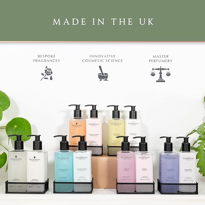 Hand Wash & Body Lotion Caddy Set (Rose & Peony) - 10.1 Fl Oz Each - Gentle Cleanser for Sensitive Skin - Moisturizing & Hydrating Hand Cream - All Natural Cruelty Free Body Wash - Pecksniff’s
