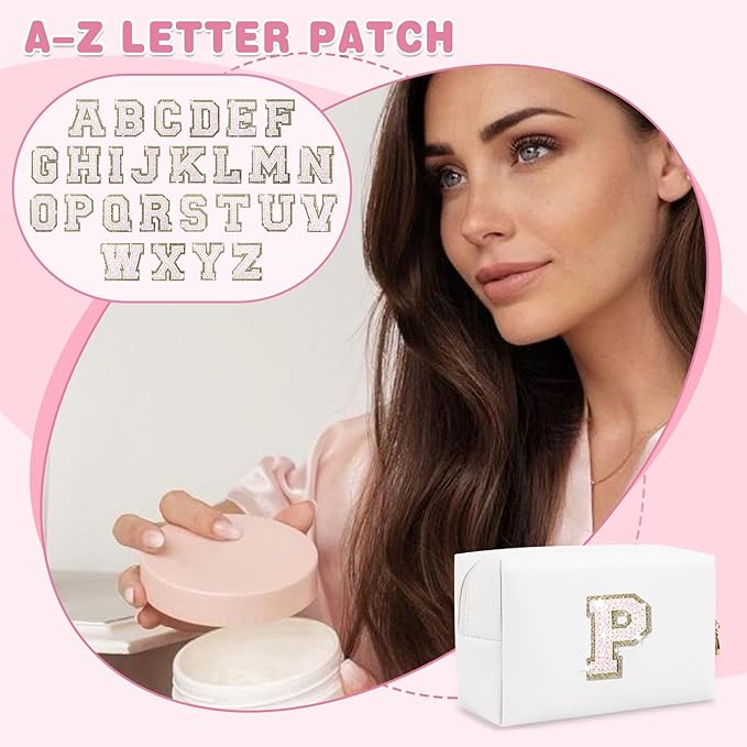 Small Initial Patch Makeup Bag Personalized Gifts Make Up Bag,White Cute PU Leather Glitter Letter Cosmetic Bag with Zipper,Trendy Portable Travel Toiletry Pouch,Preppy Stuff for Teen Girls Women P