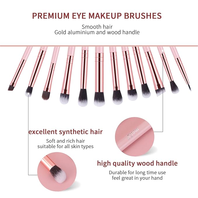 MSQ Eye Makeup Brushes Set with Soft Synthetic Hairs & Real Wood Handle for Eyeshadow, Eyebrow, Eyeliner, Blending (Pink), 12pcs