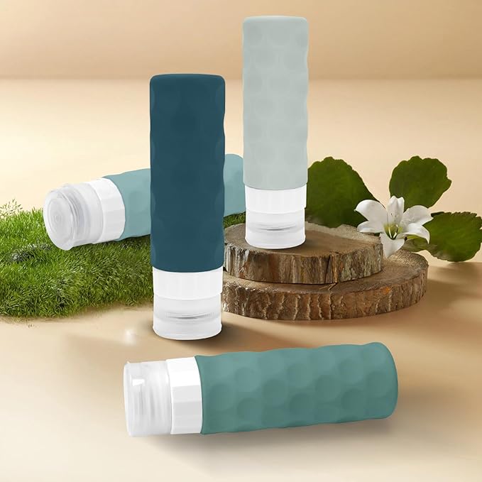 Travel Bottles for Toiletries, 4pcs Tsa Approved 3oz Travel Size Containers, BPA Free Leak Proof Premium Silicone Bottles, Refillable Liquid Squeezable Accessories W/Toiletry Bag(Mint)