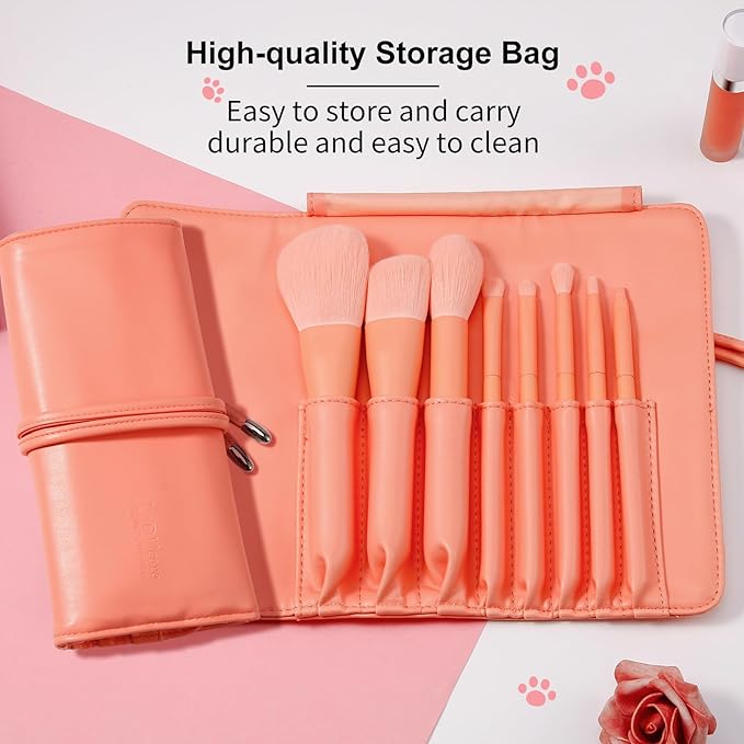 DUcare Professional Makeup Brushes Set 8pcs with Case, Make up Brush Set Kabuki Foundation Contour Blending Face Powder Blush Concealers Eyeshadow Eyebrow Brush Synthetic, Travel Gifts Set Salmon Pink