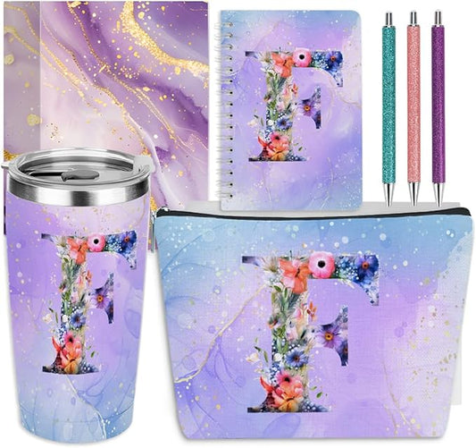 Personalized Gifts Monogrammed Birthday Gifts for Women, Aunt Grandma Retirement Christmas Initial 20 oz Tumbler, Makeup Bag Cup Ballpoint Pens Journal Notebook 6 Set, (Aesthetic Purple Flower F)