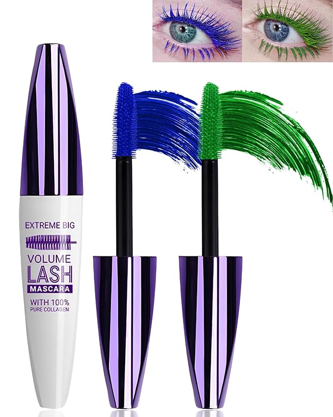 5D Blue Green Colored Mascara for Eyelashes-2 Colors Longlasting Waterproof Mascara Volume and Length,Curling Fiber rimel de pestañas,Christmas Makeup Gift for Women Girl Cosplay Party Stage Use