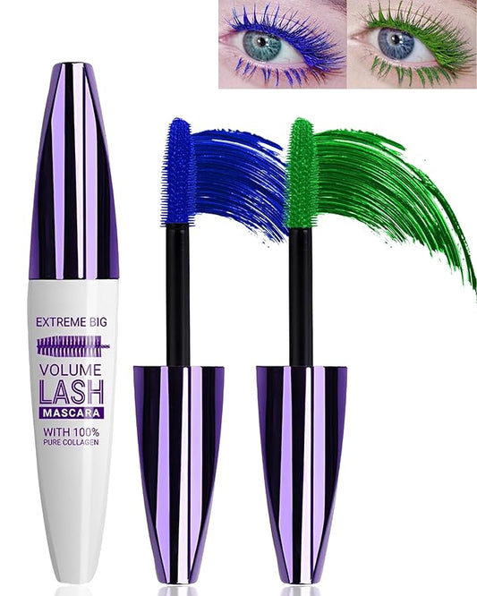 5D Blue Green Colored Mascara for Eyelashes-2 Colors Longlasting Waterproof Mascara Volume and Length,Curling Fiber rimel de pestañas,Christmas Makeup Gift for Women Girl Cosplay Party Stage Use