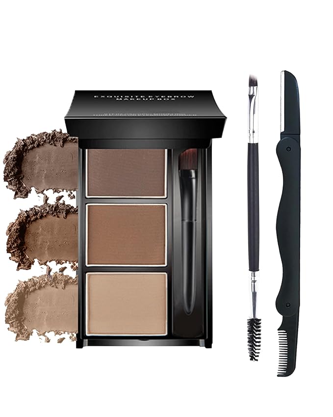 Eyebrow Powder Makeup Kit, 3 in 1 Eyebrow Kit, Brow Powder Palette Waterproof Long-Lasting, Dark & light Brown Series Brow Filler, Full Eyebrow Kit for Women, With Mirror, Brush & Razor Makeup Set 02