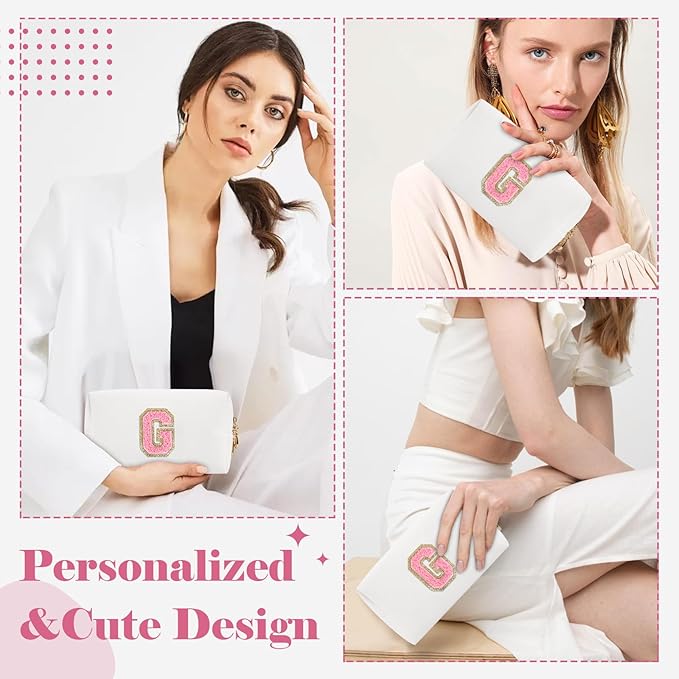 Personalized Makeup Bag Initial A-Z Preppy Patch Bag,Small PU Leather Travel Cosmetic Bag Pouch with Zipper,White Cute Toiletry Bag,Gift Ideal for Teen Girls Women Birthday Friend Mom,Letter G