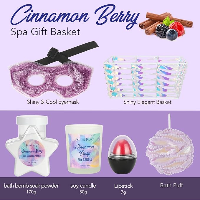 Christmas Spa Gift Set Basket for Women Cinnamon Berry, Gift Baskets, Spa Gifts Women Teen Girls Bath and Body Gift Sets,Self Care Spa Kit
