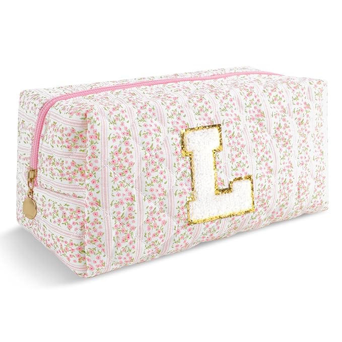 Personalized Quilted Cosmetic Bag, Puffy Monogrammed Christmas Birthday Gifts for Women & Girls, Cute initial Floral Makeup Bag Puffer Coquette Bag, Aesthetic Travel Toiletry Zipper Pouch(Pink,L)