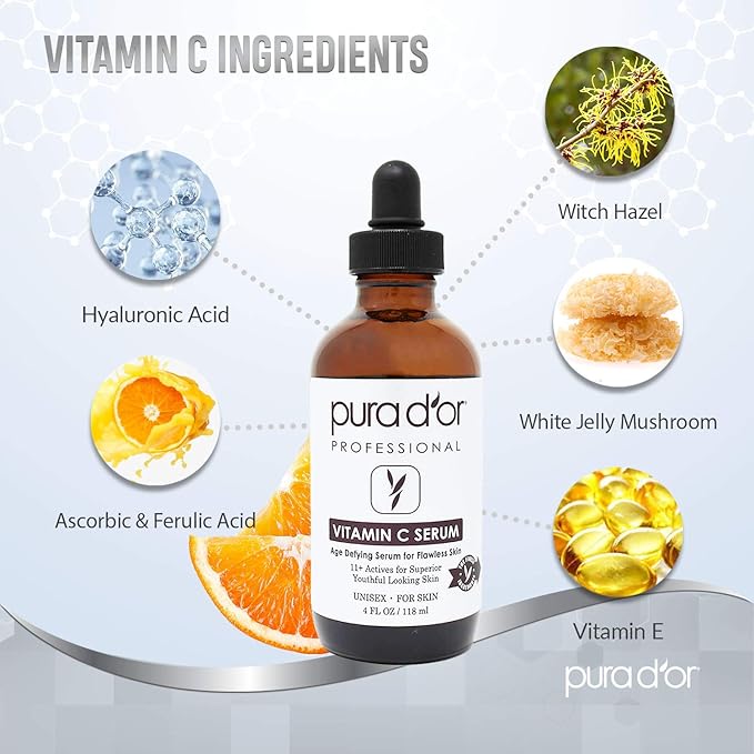 PURA D'OR 25% Vitamin C Serum 4 Oz + 0.25mm Derma Roller Set - Hyaluronic Acid & Retinol Microdermabrasion Skin Care Cosmetic Kit For Face & Eyes, Dark Spots - For Men & Women