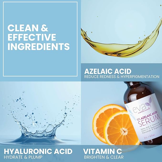 Eva Naturals Azelaic Acid Serum for Face – Niacinamide, Hyaluronic Acid, Vitamins A+C+E – Redness Relief, Dark Spots, Uneven Skin Tone, Texture, Pores, Topical Booster for Clearer, Smoother Skin, 2oz
