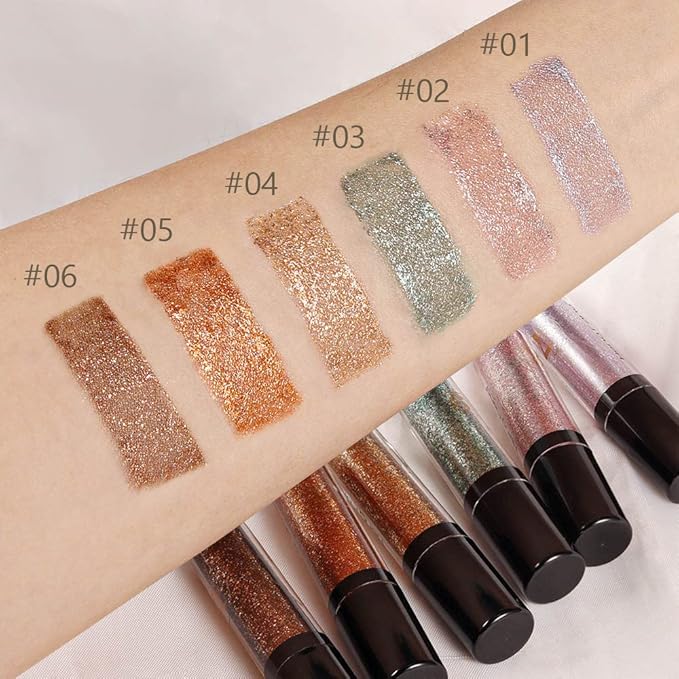 evpct 6 Colors Gold Liquid Glitter Eyeshadow Colorful Liquid Eyeliner Set Silver Shimmer Sparkle Shiny Light Glitter Metallic Pigment Eye Shadow Liner Makeup Palette Kit Quick Drying Longwearing B