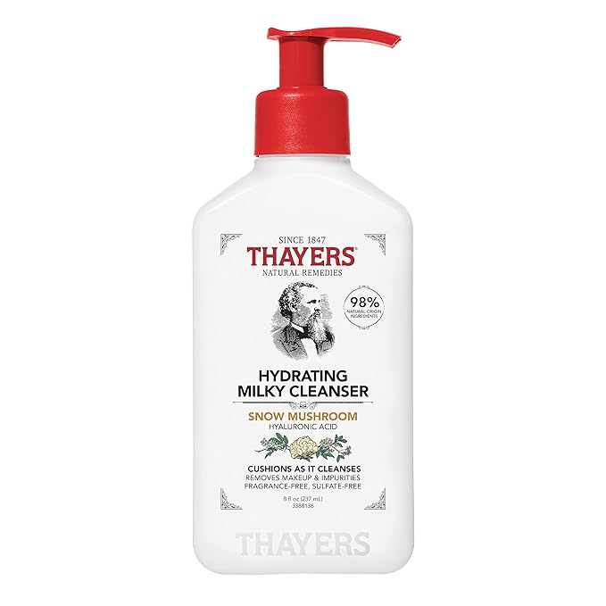 THAYERS Milky Hydrating Face Cleanser with Snow Mushroom, Hyaluronic Acid, Dermatologist Recommended Gentle Facial Wash, Hydrating Skincare for Dry, Sensitive Skin, Paraben Free, 8 FL Oz, Clear