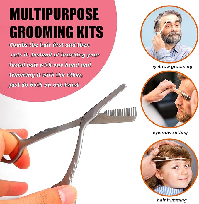 Eyebrow Trimming Scissors with Combs, Eyebrow Trimmers, Eyebrows Shaping Grooming Kit, Gifts for Men Women Stocking Stuffers, Powder Steel Sliver