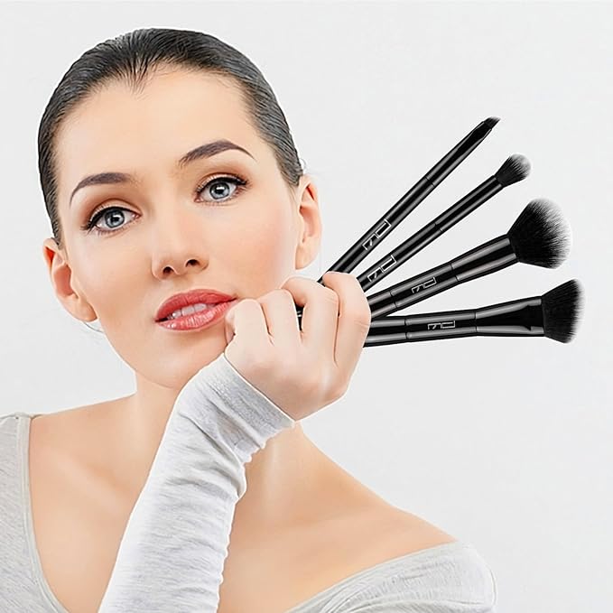 4Pcs Duo End Makeup Brushes, Foundation, Powder, Contour, Concealer, eye makeup Brush, Double-ended Multi-functional Synthetic Cosmetic Tools Makeup Brushes(Black)