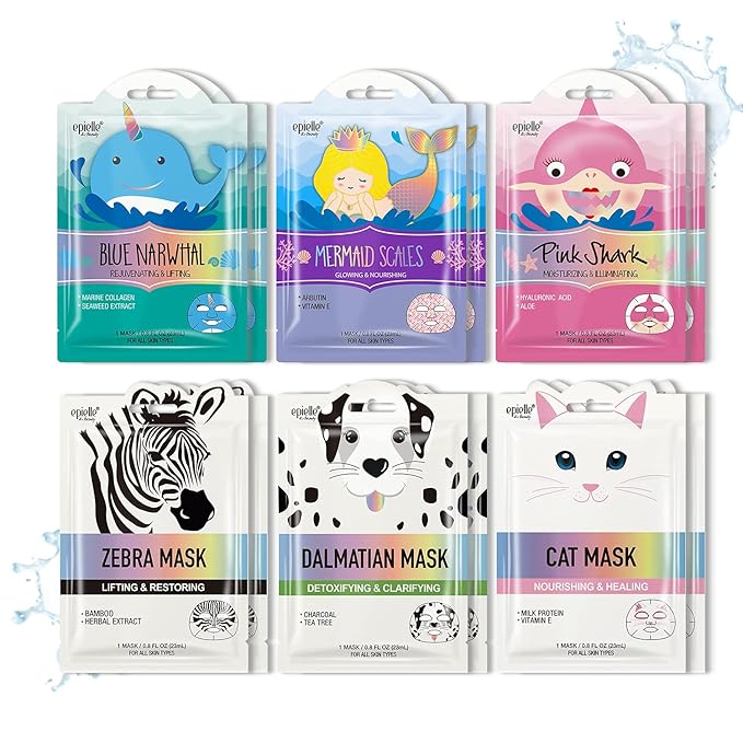 Epielle Animal Character Sheet Masks 12 Pack, Moisturizing & Rejuvenating Face Mask with Hyaluronic Acid & Vitamin E, Korean Skin Care, Girls Spa Party Favors, Sleepover, Self Care Gifts for Women