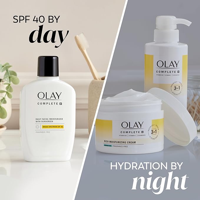Olay Complete+ Face Moisturizer with Sunscreen SPF 40, For Sensitive Skin, Broad Spectrum Sun Protection, Fragrence-Free - No White Cast on All Tones, Nourishes Moisture Barrier - Ceramides, 6 Oz