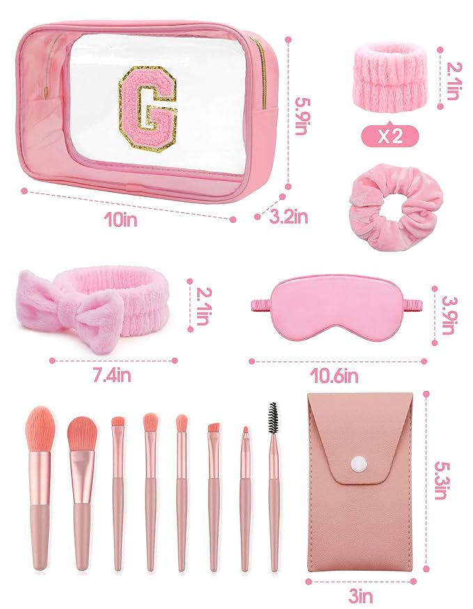 Gift Sets for Women, Initial Makeup Bag with Makeup Brush Set Bachelorette Party Favors, Pink Spa Kit with Skincare Headbands Wrist Bands Sleepover Party Supplies Gifts for Teen Girls Bridesmaid G
