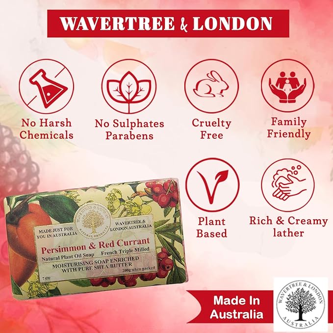 Wavertree & London Persimmon & Red Currant Scented Natural Soap Bars (2 Bars), 7 oz Moisturizing French Triple Milled Soap Bars enriched with shea butter, Plant Oil Bath & Body Soap for Women & Men