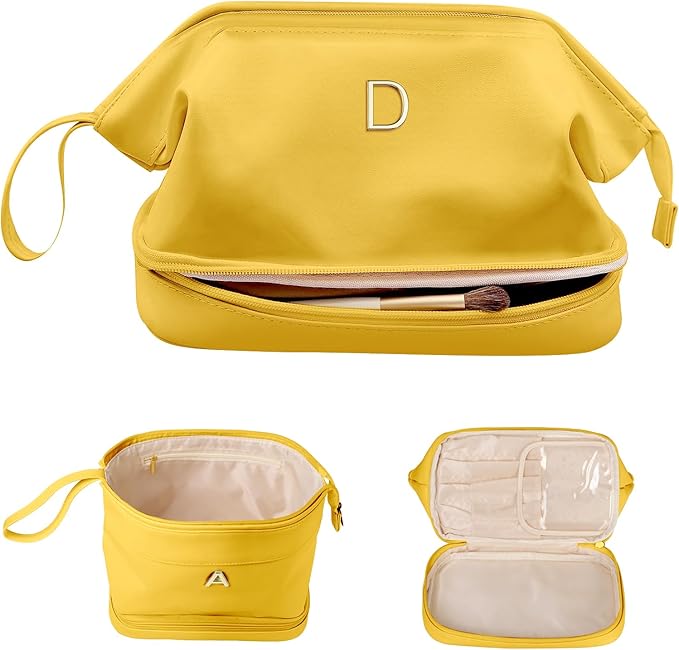 Honeymoon Gifts, Initial Makeup Bag, Travel Gifts, Personalized Bags, Waterproof Double Layer Cosmetic Bag, Large Capacity PU Leather Makeup Bags Letter Travel Toiletry Bag, Friend Gifts