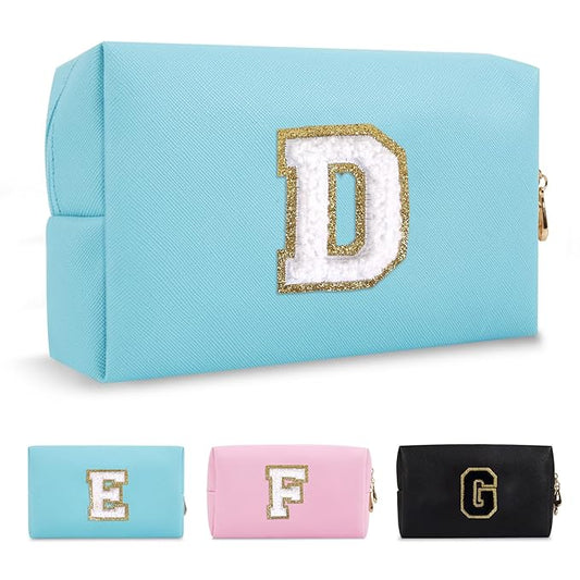 Small Personalized Initial A-Z Preppy Patch Makeup Bag,PU Chenille Letter Travel Cosmetic Pouch with Zipper,Blue Cute Toiletry Bag,Gift Ideal for Teen Girls Women Teacher Bridesmaid,Letter D