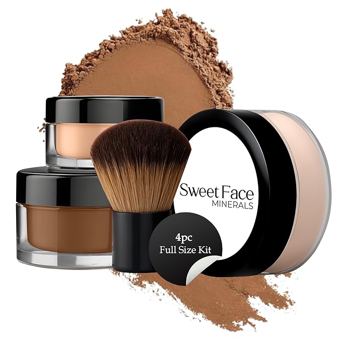 4pc Full Size Kit (Ebony Shade) Mineral Makeup Matte Translucent Loose Foundation + Kabuki Brush + Concealer + Finishing Setting Powder + Bare Face Full Coverage SPF 30 All Skin Types Waterproof