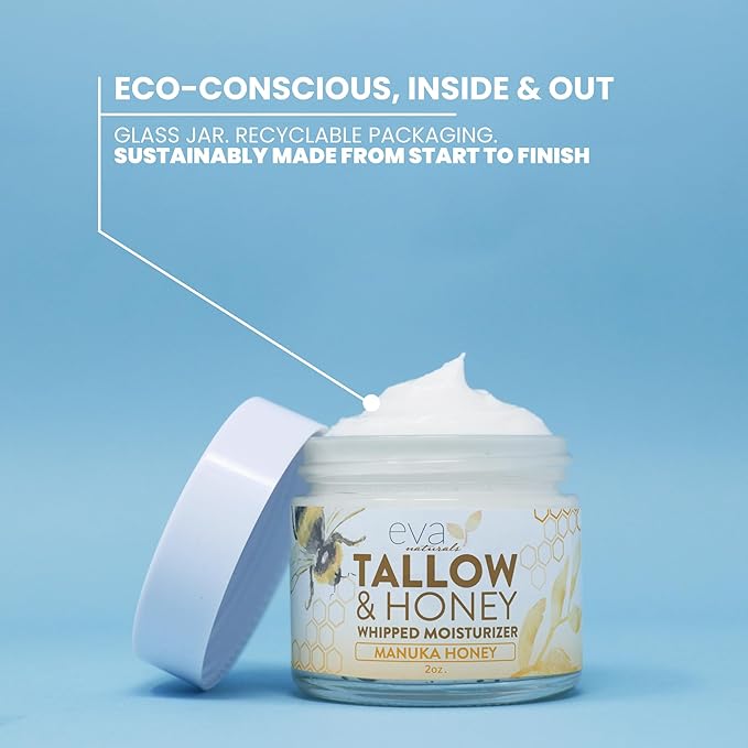 Eva Naturals Whipped Beef Tallow for Skin with Manuka Honey Moisturizer – Balm for Face – Moisturizing Cream for Soft, Smooth Skin - 2oz