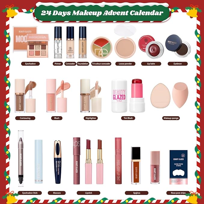 Beauty Advent Calendar, 24 Days Christmas Countdown Calendar Makeup Kit, All-in-One Professional Christmas Cosmetic Gift Set for Women, Holiday Cosmetic Surprise Starter Makeup Set for Gifts