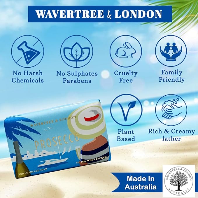 Wavertree & London Prosecco Scented Natural Soap (2 Bars), 7oz Moisturizing French Triple Milled Soap Bars enriched with shea butter - Pure Plant Based Bath & Body Bars for All Skin Types