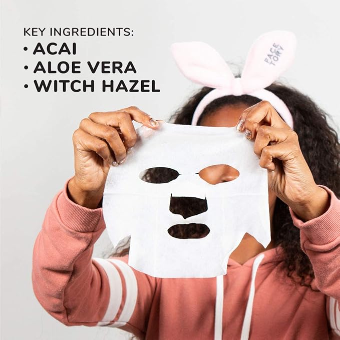 FACETORY K Beauty Face Mask Skin Care - Everyday ACAI Rejuvenating Sheet Mask | Plant-Based with Acai Infusion (5 Pack)