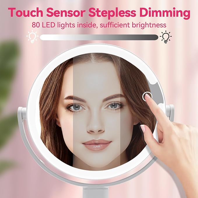 Makeup Mirror with Lights, 10X Magnifying Mirror with Light - 80 LED Vanity Mirror, 3 Color Modes & Stepless Dimming, Lighted Makeup Mirror with Magnification, Shatterproof & Stable Base