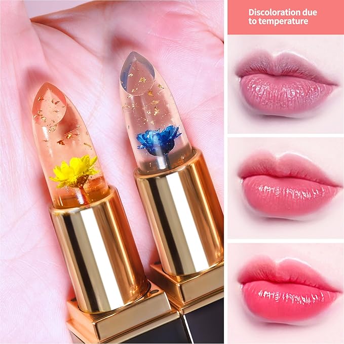 BLUE LOVE Color Changing Flower Lipstick - Hydrating Jelly Lip Balm with Flower Inside, Long-Lasting Moisturizer & Nourishing Lip Gloss for a Beautiful, Customizable Look (Golden)