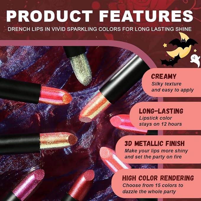 Kaely Glitter Metallic Lipstick, Shimmer Metallic Lipsticks for Women, High Pigmented Lip Gloss Long Lasting Waterproof Smudge Proof 24 Hour, Halloween Makeup, Vegan & Cruelty-Free, 06