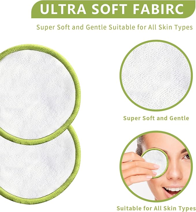 Reusable Cotton Rounds 20Pcs - 100% Natural Bamboo Cotton Pads for Face, Makeup Remover with Laundry Bag and Bamboo Holder (Green)