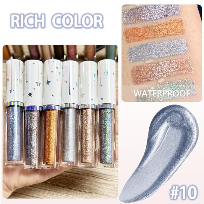 evpct Liquid Shimmery Glitter Eyeshadow Eyeliner, High Pigment Colored Metallic Eyeshadow Stick Eyeliner, Waterproof Long Lasting Sparkle Eye Makeup Set for Women, 10# Silver Grey