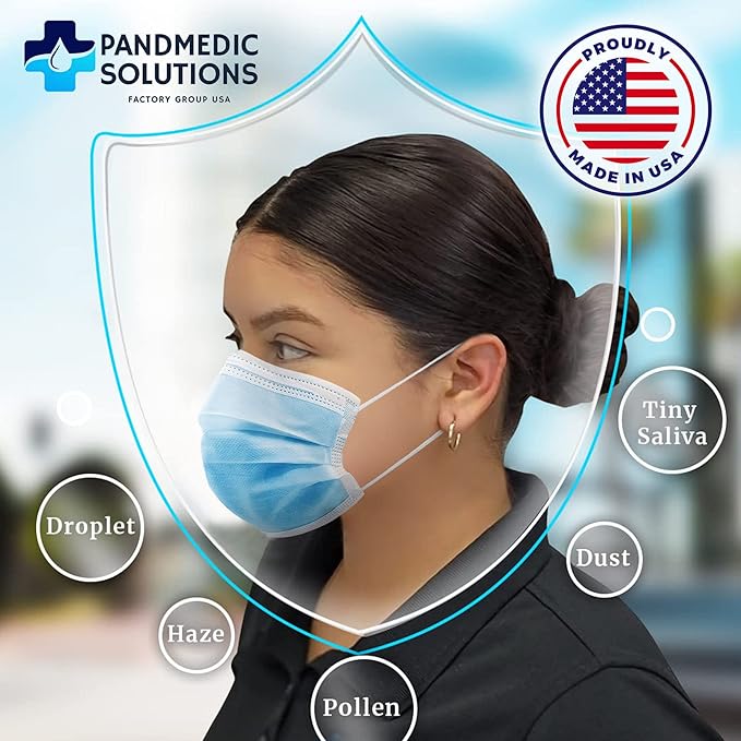PandMedic Disposable Face Mask Made in USA | Premium Medical American 3 Ply Safety Face Masks Breathable with Elastic Ear Loops - 50ct Box