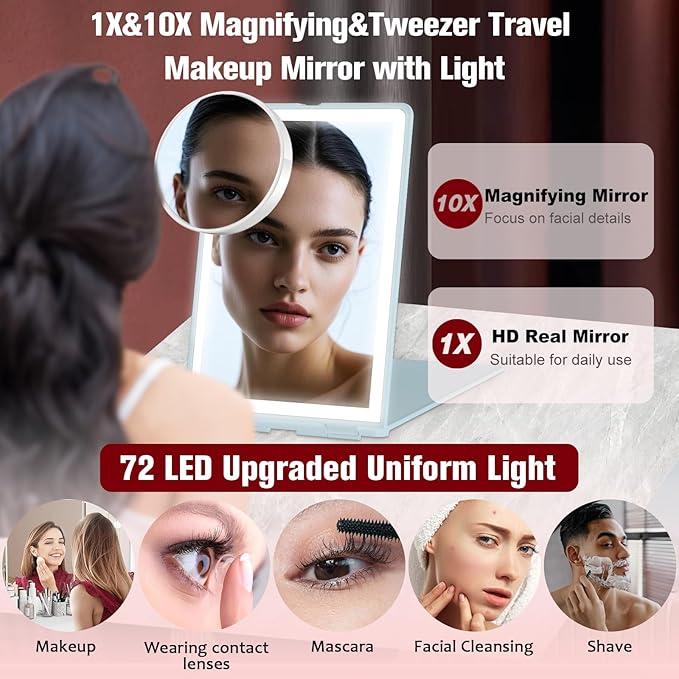 Travel Makeup Mirror with Light, Rechargeable Portable Folding Compact Mirror Set with Tweezer, Lighted Makeup Mirrors with 72 LED 3 Color Light Modes, Dimmable Touch Screen LED Mirrors-Cyan