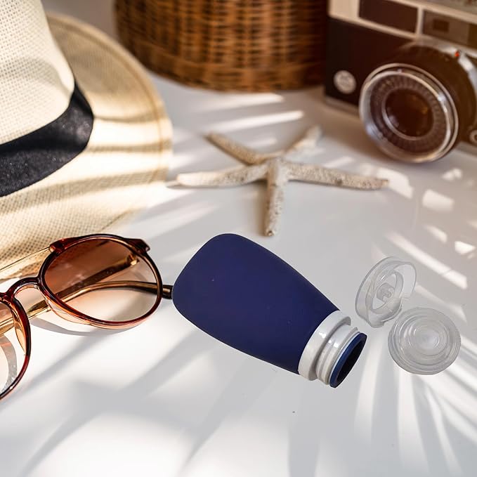 Travel Bottles for Toiletries, TSA Approved 3oz Leak Proof Silicone Refillable Squeeze Travel Size Containers BPA Free for Cleansers, Lotions, Shampoo 2pk (Navy Blue-White)