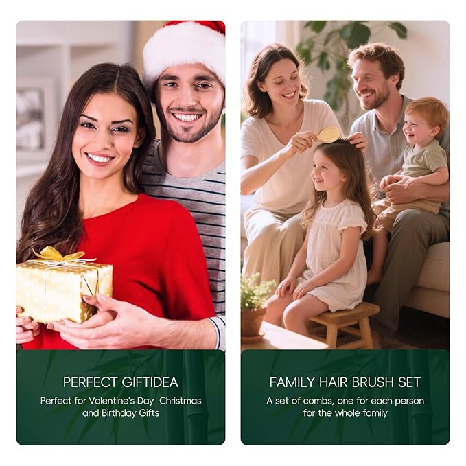 MRD Bamboo Hair Brush Set, 4-Piece Detangling Hairbrush and Comb Kit, Paddle Brush for Women Men Kids, All Hair Types-Gift Box