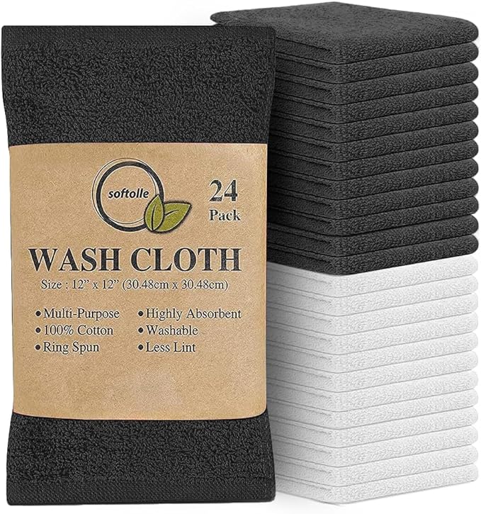 Softolle 100% Cotton Washcloths 24 Pack (12x12 Inches) Soft, Highly Absorbent Washcloth, Face Towels, Wash Cloths for Face, Ring Spun, Bulk Pack (Grey/White)