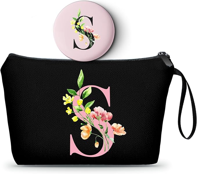 SEAMOON Birthday Bridal Shower Unique Initial Gifts for Women Mom Sister Daughter Friend Bff Personalized Travel Makeup Cosmetic Bag with Mirror Valentines Mothers Day Christmas Graduation S