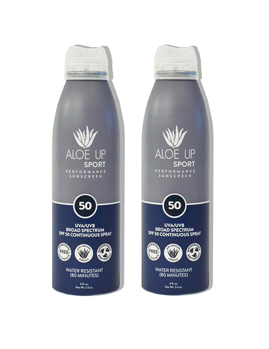 Aloe Up Sport Continuous Spray Sunscreen SPF 50- Broad Spectrum UVA/UVB Sunscreen Protector for Face and Body With Aloe Vera Gel Fast Absorbing Sheer Formula Reef Safe Fragrance-Free - 6 Oz 2 pack