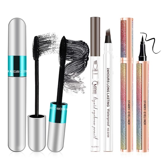 4D Silk Fiber Mascara set, 2 in 1 For VIBELY Mascara & Eyeliner & Eyebrow Pencil (Brown) set, No Clumping, Long-lasting, Creates Natural-Looking Brows and Stays on All Day (3 PCS)