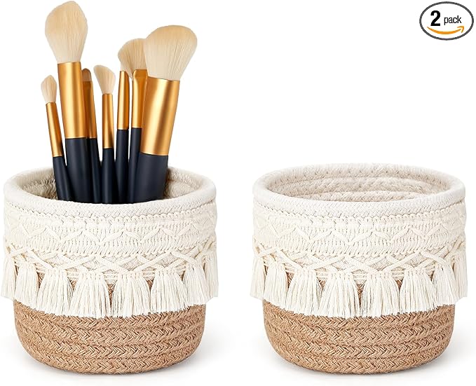 Mkono Macrame Makeup Brush Holder Organizer Comb Brushes Mini Storage Basket Set of 2 Boho Decor Baskets for Pen Pencil Box Container,Yellow and White